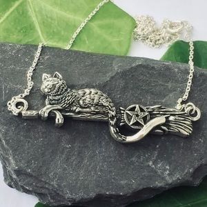 Cat on Broom Pentagram Pagan Witch Necklace